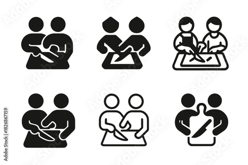Cooking Logo Variations. Cooking together with friends. Icon set. Set Logo of cooking: shared cutting board. harmonious logo variations of the same emblematic