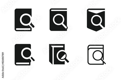 Book Logo Variations. Book recommendations. Icon set. Set Logo of books: magnifying glass over book cover. harmonious logo variations of the same emblematic
