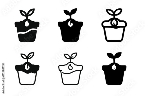 Planting Icon Set. Planting seeds in pots. Icon set. Set Logo of Planting seeds in pots: sprouting seedling emerging from soil in pot. harmonious