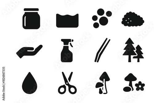 Terrarium Icon Set. Terrarium setup. Solid icon set of Terrarium setup: glass jar, soil, pebbles, moss, plants, hand icon, spray bottle, tongs, miniature