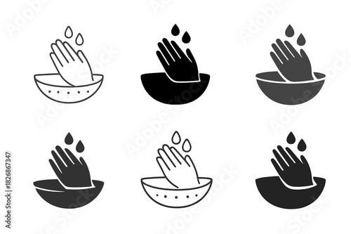 Cultural Hygiene Icons. Cultural approaches to hygiene. Icon set. Set Logo of cultural hygiene: traditional handwashing bowl. harmonious logo variations of the
