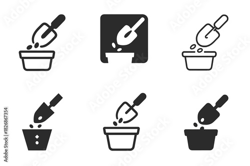 Seed Planting Logos. Planting seeds in pots. Icon set. Set Logo of Planting seeds in pots: soil scoop and compact pot. harmonious logo variations of the same