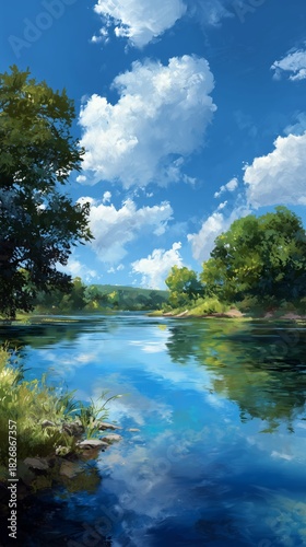 Scenic River Landscape With Lush Greenery and Bright Blue Skies Near Tropical...