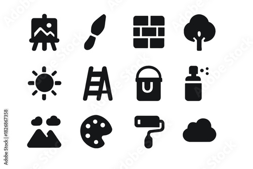 Outdoor Art Icons. Outdoor painting. Solid icon set of outdoor painting: easel, brush, wall, tree, sun, ladder, paint bucket, spray can, mountain, clouds,