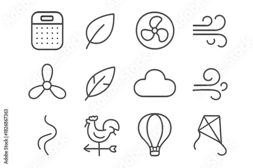 Clean Air Icons. Clean Air. Line icon set of Clean Air: air purifier, leaf, fan, breeze, propeller, feather, cloud, gust, smoke trail, weather vane, hot air