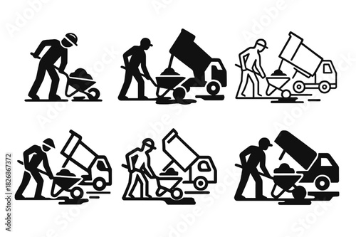 Road Maintenance Icon Set. Road maintenance crews repairing potholes and streets. Icon set. Set Logo of Road maintenance crews repairing potholes and streets: