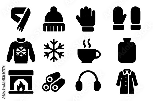 Winter Comfort Icons. Winter Warmth. Solid icon set of Winter Warmth: scarf, beanie, gloves, mittens, wool sweater, snowflake, steaming cup, hot water bottle,