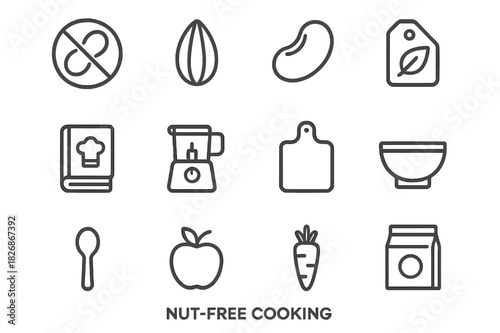 Nut-Free Icon Set. Nut-free cooking. Line icon set of nut-free cooking: peanut crossed out, sunflower seed, soy bean, ingredient label, recipe book, food