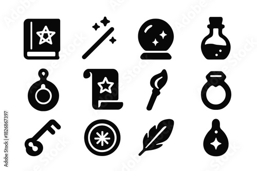 Magical Artifacts Icons. Magical artifacts. Solid icon set of magical artifacts: enchanted book, wand, crystal ball, potion, magical amulet, spell scroll,