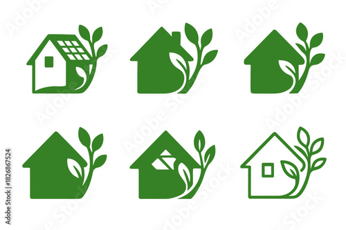 Eco Architecture Icons. Ecological architecture blending with nature. Icon set. Set Logo of ecological architecture blending with nature: solar panel roof.