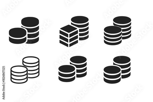 Coin Stack Logos. piled up. Icon set. Set Logo of piled up: coins stack. harmonious logo variations of the same emblematic concept, each with different
