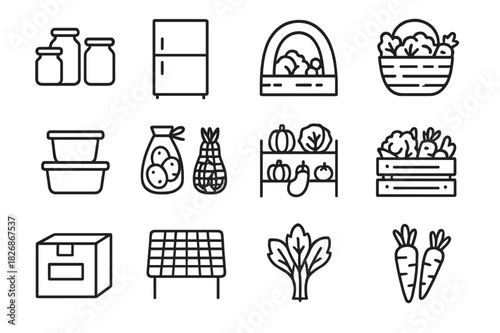 Vegetable Storage Icons. Vegetable Storage Set. Line icon set of Vegetable Storage Set: glass jars, refrigerator, root cellar, basket of vegetables, plastic