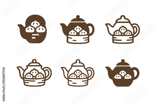 Tea and Dim Sum. Drink pairings. Icon set. Set Logo of Drink pairings: teapot with dim sum basket. harmonious logo variations of the same emblematic concept,