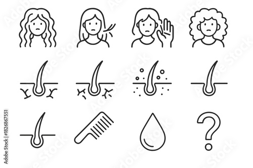 Hair Troubles Icon Set. Hair problems. Line icon set of hair problems: tangled hair, split ends, hair loss, frizz, dry scalp, dandruff, oily hair, weak roots,