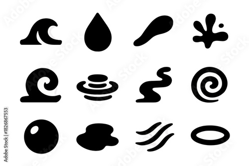 Fluid Form Icons. Fluid Forms. Solid icon set of Fluid Forms: wave, droplet, curve, splash, swirl, ripple, stream, spiral, bubble, puddle, line flow, water