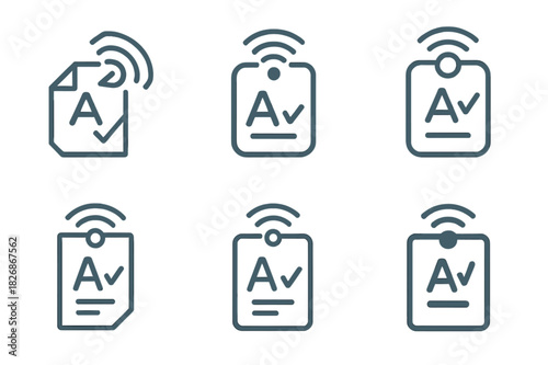 Online Grading Logos. Online grading system. Icon set. Set Logo of Online grading system: report card sheet. harmonious logo variations of the same emblematic