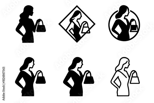 Luxury Fashion Icons. Fashion & Luxury. Icon set. Set Logo of luxury allure: model posing with signature purse. harmonious logo variations of the