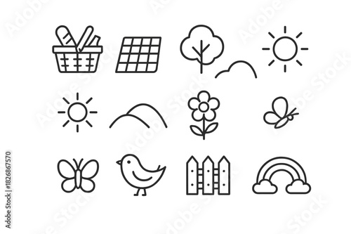 Spring Picnic Icons. Spring Picnic. Line icon set of Spring Picnic: picnic basket, blanket, tree, cloud, sun, hill, flower, grass, butterfly, bird, fence,