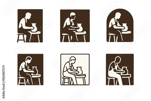 Artists at Work Logos. Artists at work in their studios. Icon set. Set Logo of Artists at work in their studios: ceramicist at pottery wheel. harmonious logo