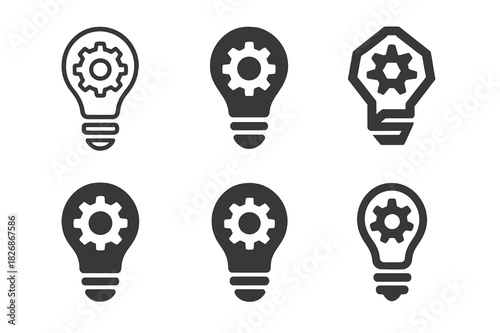 Design Thinking Logos. Design thinking for business problem-solving. Icon set. Set Logo of design thinking: lightbulb with gear. harmonious logo variations of