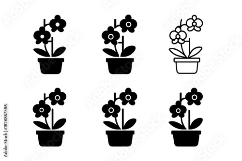 Mother's Day Floral Icons. Mother?s Day flower arrangements and gifts. Icon set. Set Logo of Mother?s Day flower arrangements and gifts: potted orchid with