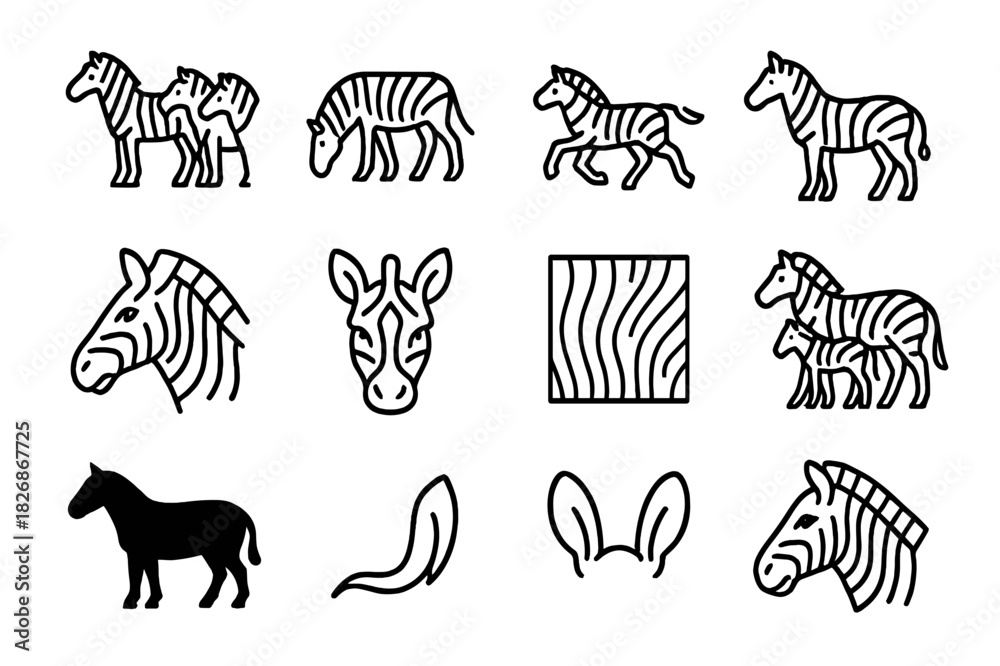 Naklejka premium Zebra Icon Line Art. Zebra Herd Icons. Line icon set of Zebra Herd Icons: zebra herd, grazing zebra, running zebra, standing zebra, zebra head, zebra face