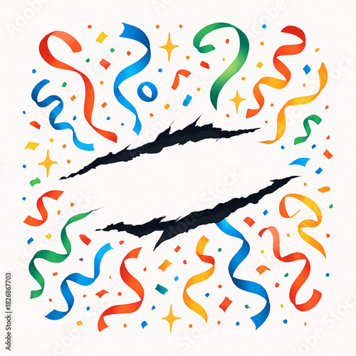 Carnival parade elements torn vector ripped core confetti ribbons sparkles on white background