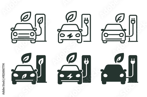 Eco Transport Logos. Eco-friendly transportation. Icon set. Set Logo of Eco-friendly transportation: electric car at charging station with leaf bolt.