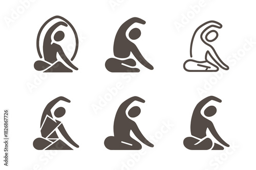 Pilates Logo Variations. Pilates and Stretching. Icon set. Set Logo of flexibility training: figure doing side stretch exercise. harmonious logo variations of