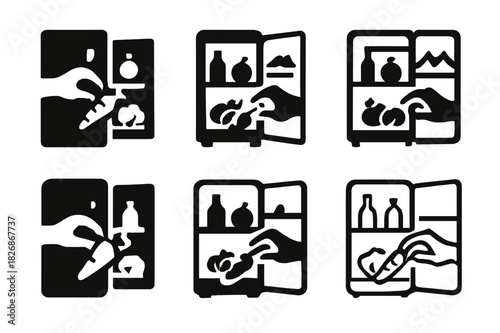 Groceries Logo Variations. Putting groceries away. Icon set. Set Logo of putting groceries away: open refrigerator being stocked with fresh