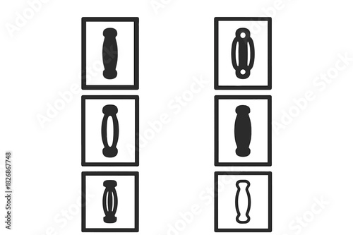 Cabinet Door Logos. Cabinet door. Icon set. Set Logo of cabinet door: handle close-up integrated with rectangular frame. harmonious logo variations of the same