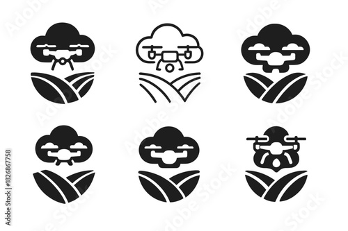 Agricultural Drone Logos. Drones in agriculture for field monitoring. Icon set. Set Logo of drones in agriculture for field monitoring: data collection cloud.