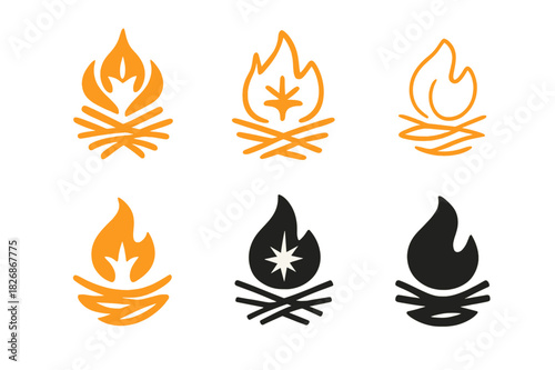 Fireplace Logo Variations. Lighting the fireplace. Icon set. Set Logo of Lighting the fireplace: tinder nest and spark. harmonious logo variations of the same