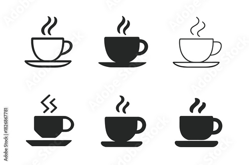 Coffee Logo Variations. Drinking Coffee. Icon set. Set Logo of Drinking Coffee: Coffee Cup on Saucer. harmonious logo variations of the same emblematic