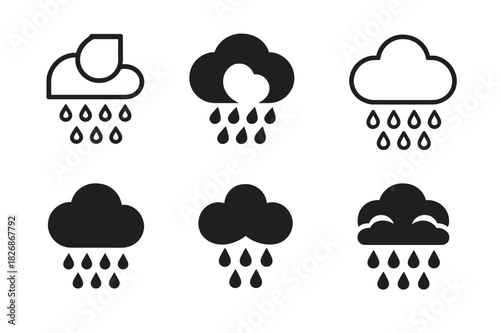 Rain Formation Logos. How rain is formed. Icon set. Set Logo of How rain is formed: cumulus cloud. harmonious logo variations of the same emblematic concept,