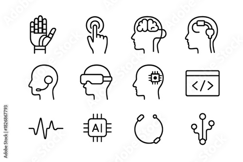 Human-Machine Interface Icons. Human?machine interface. Line icon set of human?machine interface: robotic hand, touchscreen, brainwave icon, neural link,