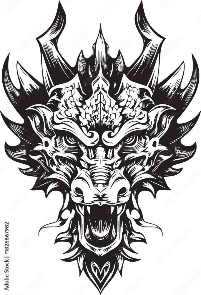 Obraz premium Ferocious Dragon Head Vector Illustration – Detailed Mythical Beast Line Art