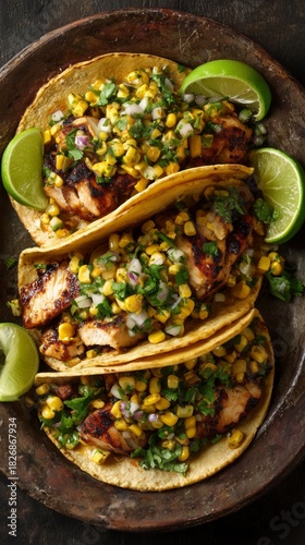 Delicious Chicken Tacos With Corn and Lime Served on a Rustic Wooden Table
