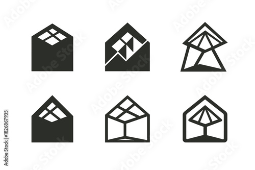 Open Atrium Logo Set. Open atrium. Icon set. Set Logo of open atrium: natural light integration. harmonious logo variations of the same emblematic concept,