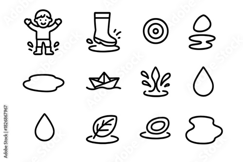 Playful Puddle Icons. Playful Puddles. Line icon set of Playful Puddles: child jumping in puddle, rubber boot splash, water ripple, small puddle, paper boat,