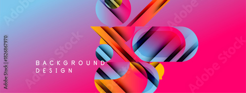 Abstract vibrant design features geometric shapes, gradients. Pink, blue, yellow hues create dynamic visual impact. Modern aesthetic.