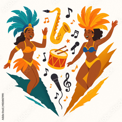 Carnival dancers with musical elements torn vector ripped shapes on white background high quality illustration