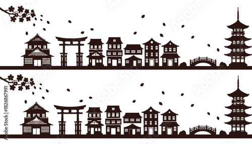 Japanese cityscape vector silhouette with pagoda and torii gate