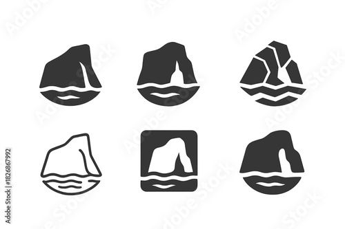 Rocky Cliffs Logo Set. rocky cliffs. Icon set. Set Logo of rocky cliffs: coastal cliffside. harmonious logo variations of the same emblematic concept, each