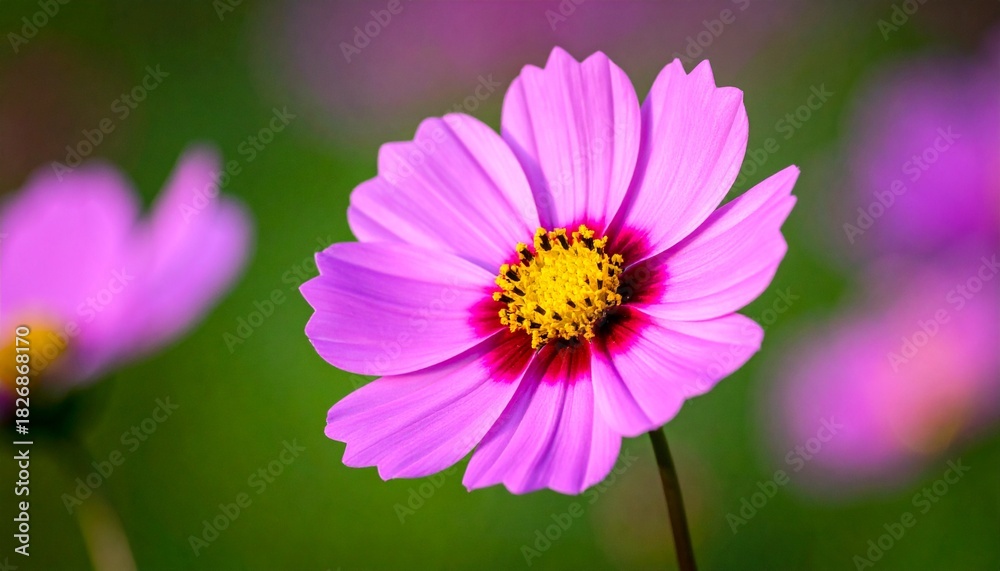 Fototapeta premium Pink Cosmos Flower in Bloom with Sunset Light Over Field of Blossoms