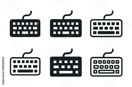 Remote Work Icons. Remote work setups and home office environments. Icon set. Set Logo of Remote work setups and home office environments: mechanical keyboard.