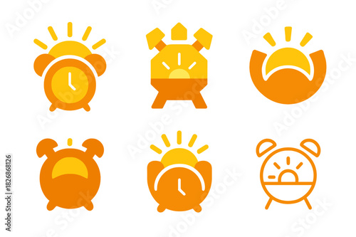 Sleep Wellness Icons. Sleep wellness. Icon set. Set Logo of Sleep wellness: sunrise alarm clock glowing. harmonious logo variations of the same emblematic