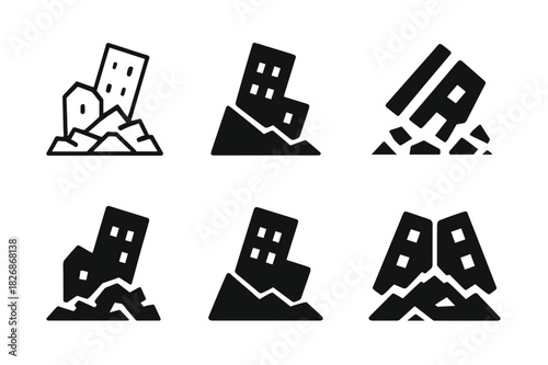 Collapsed Building Logos. Collapsed buildings. Icon set. Set Logo of Collapsed buildings: Rubble pile. harmonious logo variations of the same emblematic