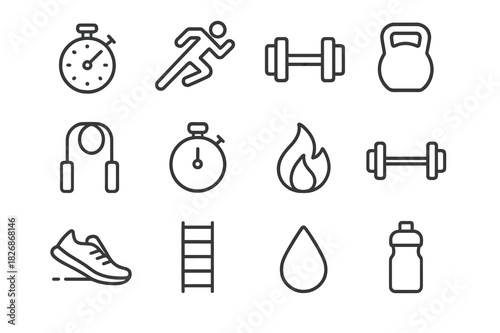 HIIT Icons Collection. High intensity interval training. Line icon set of high intensity interval training: stopwatch, sprint figure, dumbbell, kettlebell,