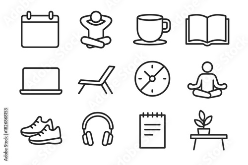 Meeting-Free Day Icons. Meeting-Free Days. Line icon set of Meeting-Free Days: calendar with blank day, relaxed person, coffee cup, open book, laptop closed,